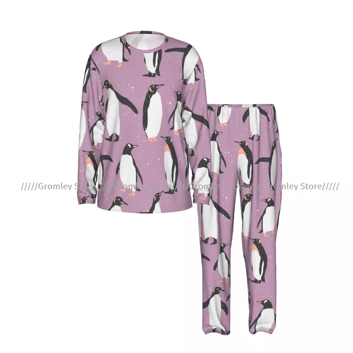Men's Pajama Set Long Sleeve and Long Pants Cute Penguin With Snow Soft Sleepwear for Home