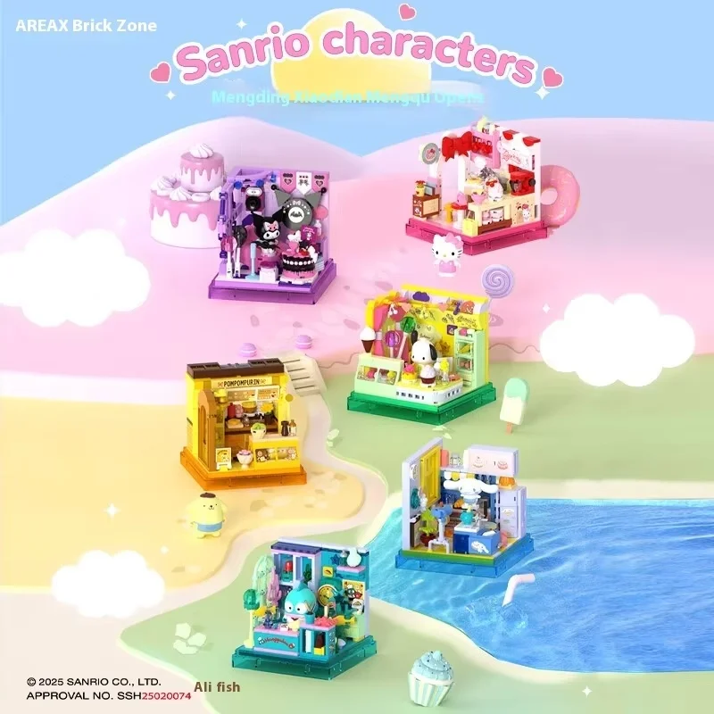 Sanrio area-x mini loja blocos de construção conjunto com kuromi cinnamoroll hangyodon kawaii tijolos para meninas presente aniversário caixa cega