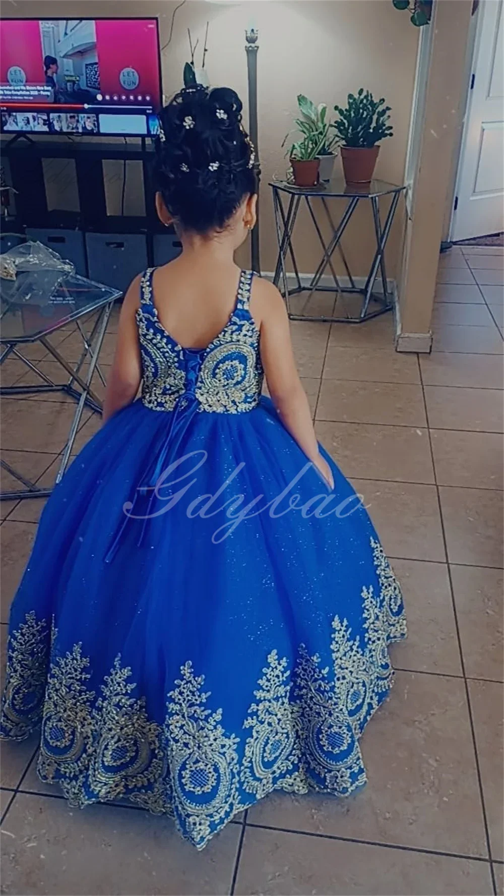 Apliques de ouro sem mangas frisado vestido de baile para menina, vestidos luxuosos para casamento e aniversário, primeira comunhão sagrada, florida