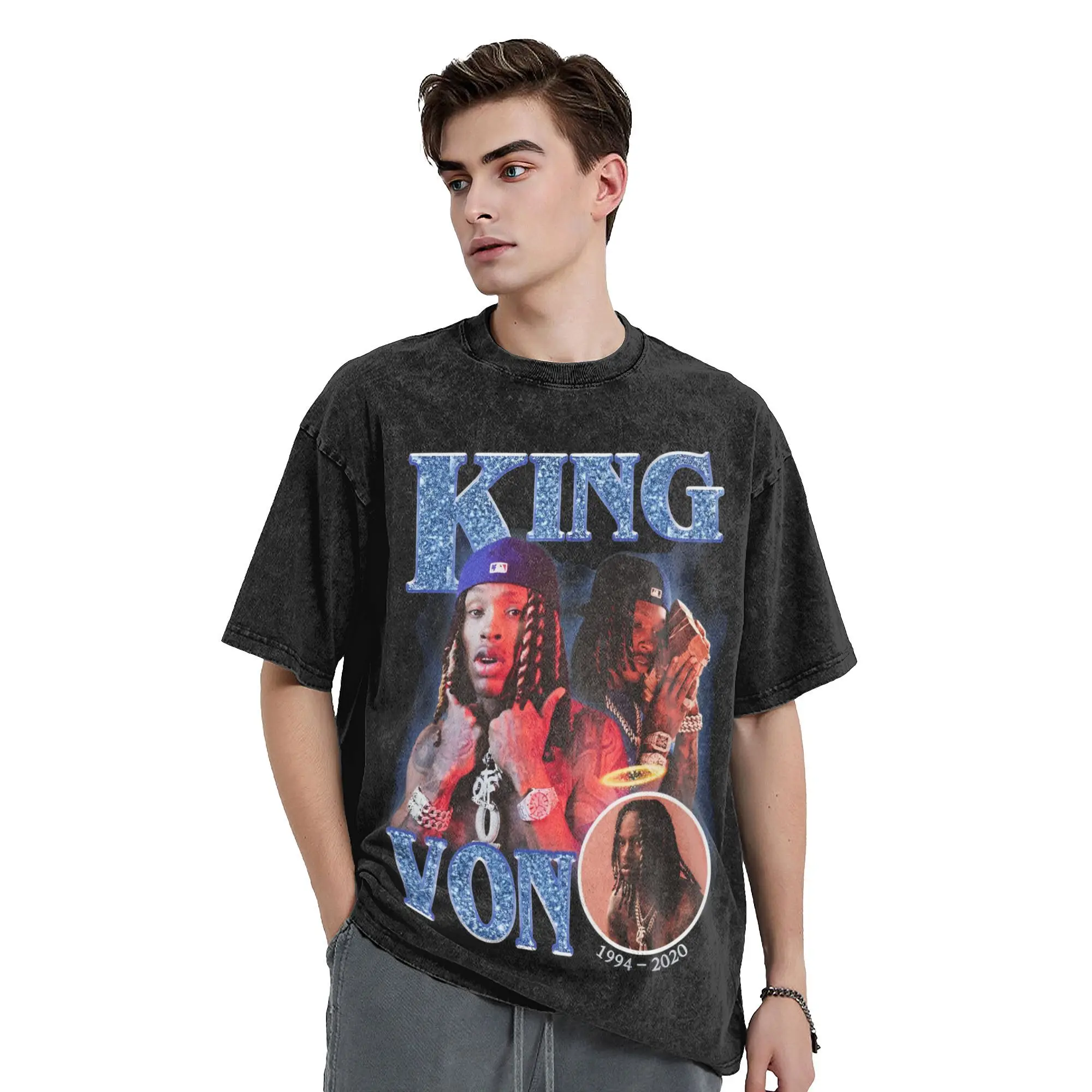 king von rapper hip hop  Outfit Washed T Shirt Men Women Streetwear Hip Hop T-Shirts Graphic  Tee Shirt Cotton