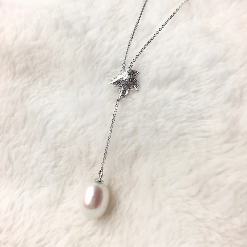 Natural Fresh Water Pearl Chain Necklace Tear Drop Shape Pearl 925Sterling Silver With Maple Leaves Free Shipping