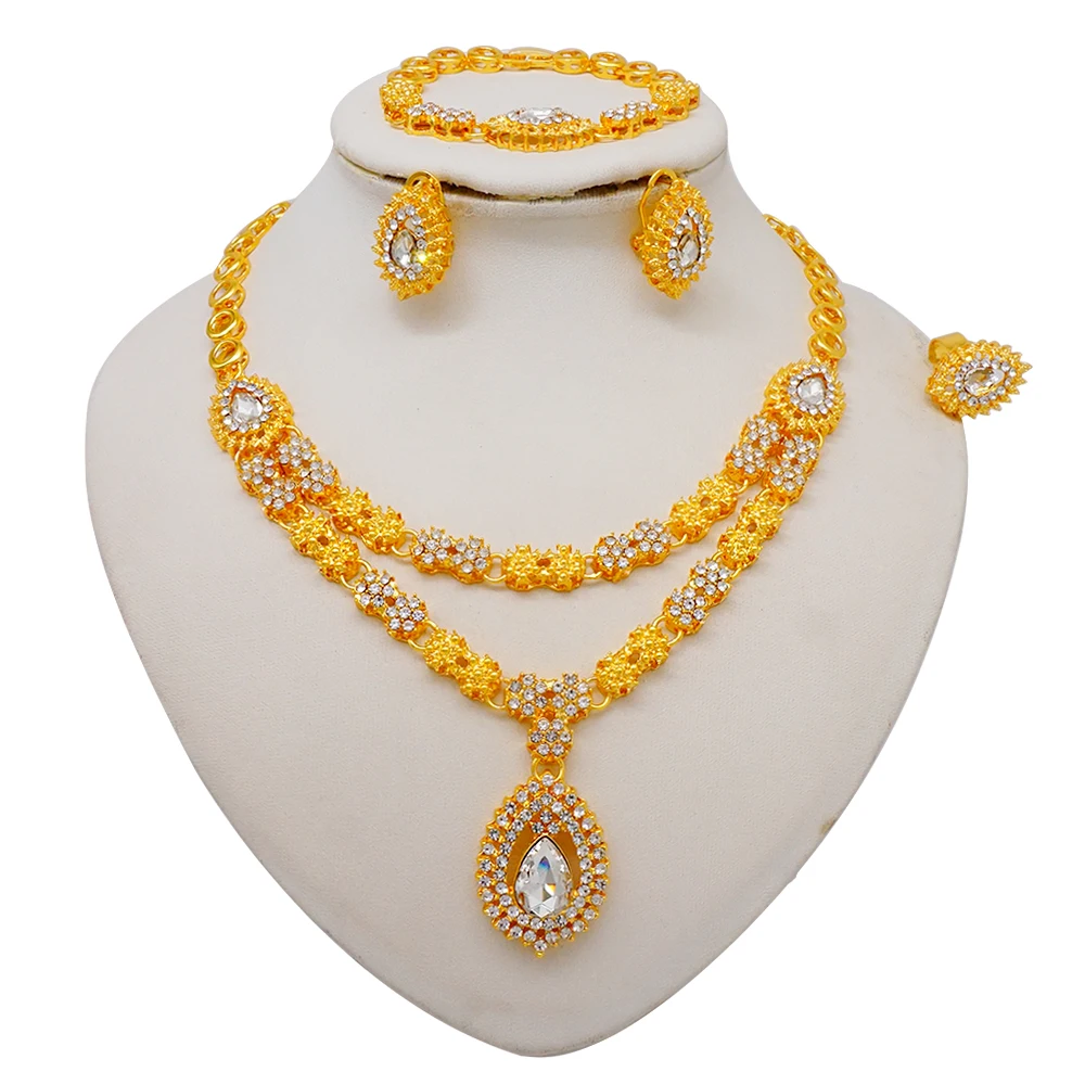 Luxus Dubai Gold Farbe Doppels chicht Halskette Schmuck Sets für Frauen afrikanischen Wasser tropfen Kristalls chmuck indischen Set Geschenke – Detail 9