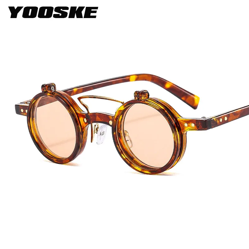 YOOSKE Small Round Punk Sunglasses Women Double Beam Retro Sun Glasses Men Flip Lens Anti UV Goggles Optical Glasses Frame