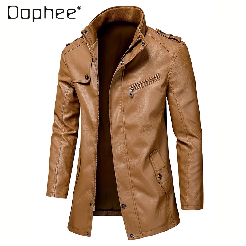 Spring Autumn Men's Windproof Motorcycle Black Coffee PU Leather Jacket Winter Khaki Loose Casual Mid-Length Fleece Lined Jacket