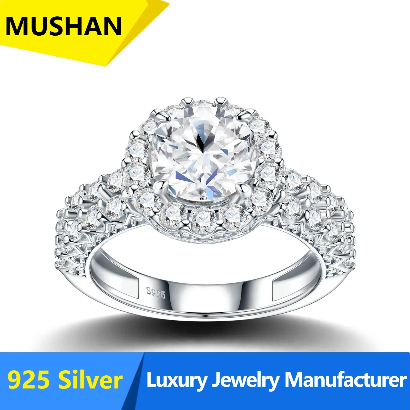 MUSHAN Luxury Engagement Ceremony Jewelry 925 Silver Moissanite Round Ring Double Arm Light Luxury Ring Factory Direct Supply