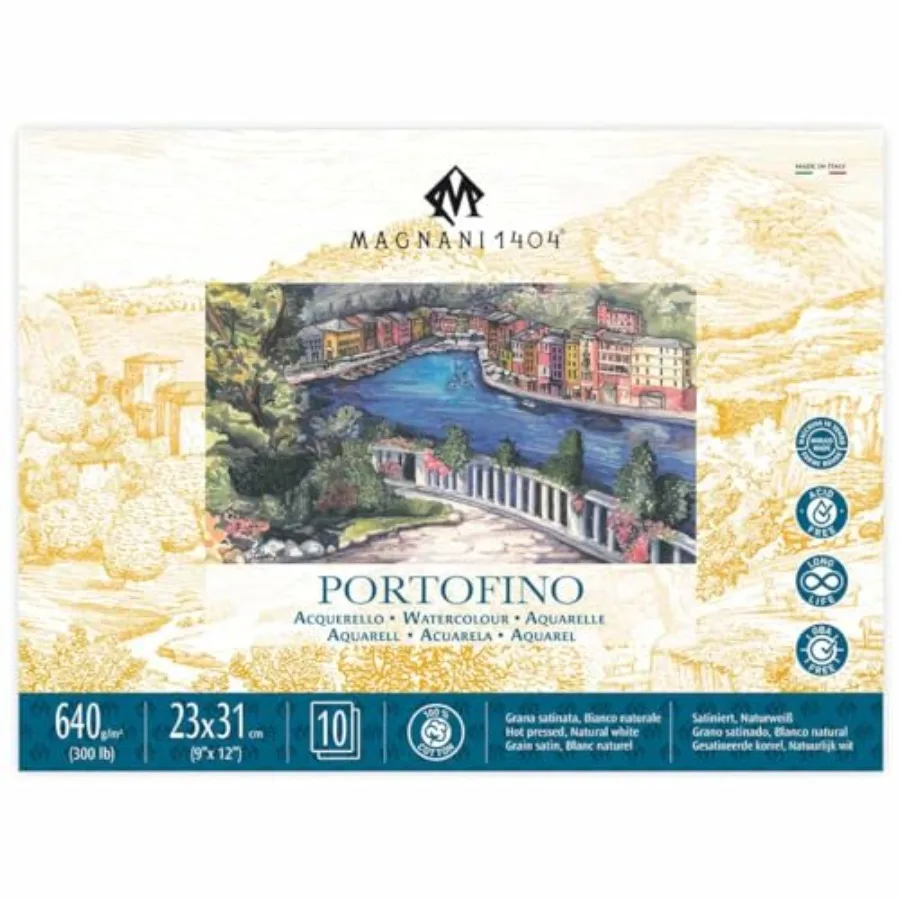 

Portofino Hot Press 100% Cotton Watercolor Paper Block 10 Sheets 9x12 300 lb Acid-Free UV Resistant Vegan Sized Water Color Pap