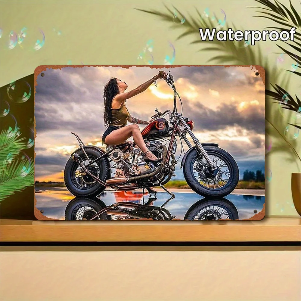Motorcycle and Lady Knight Design Square Aluminum Sign for Room Decoration, Wall Art, Cafe Decor, Garage Decoration -