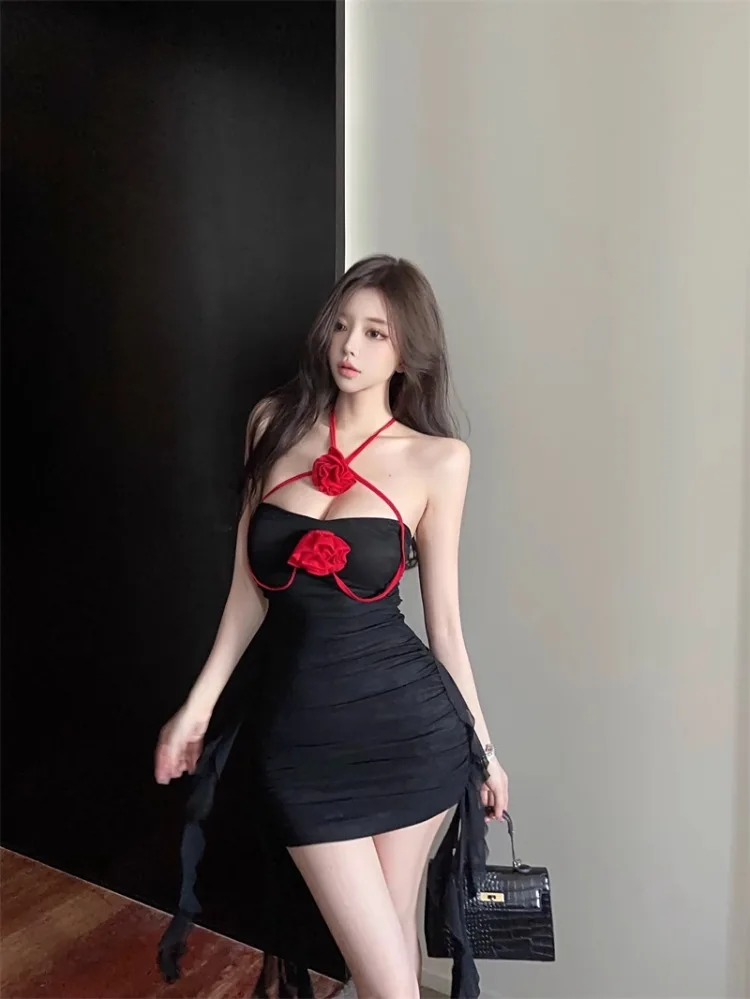 Ezgaga Women Mini Dresses Sexy Flowers Irregular Ribbon Sleeveless Slim Halter Backless Clubwear Elegant Party Dress Ladies