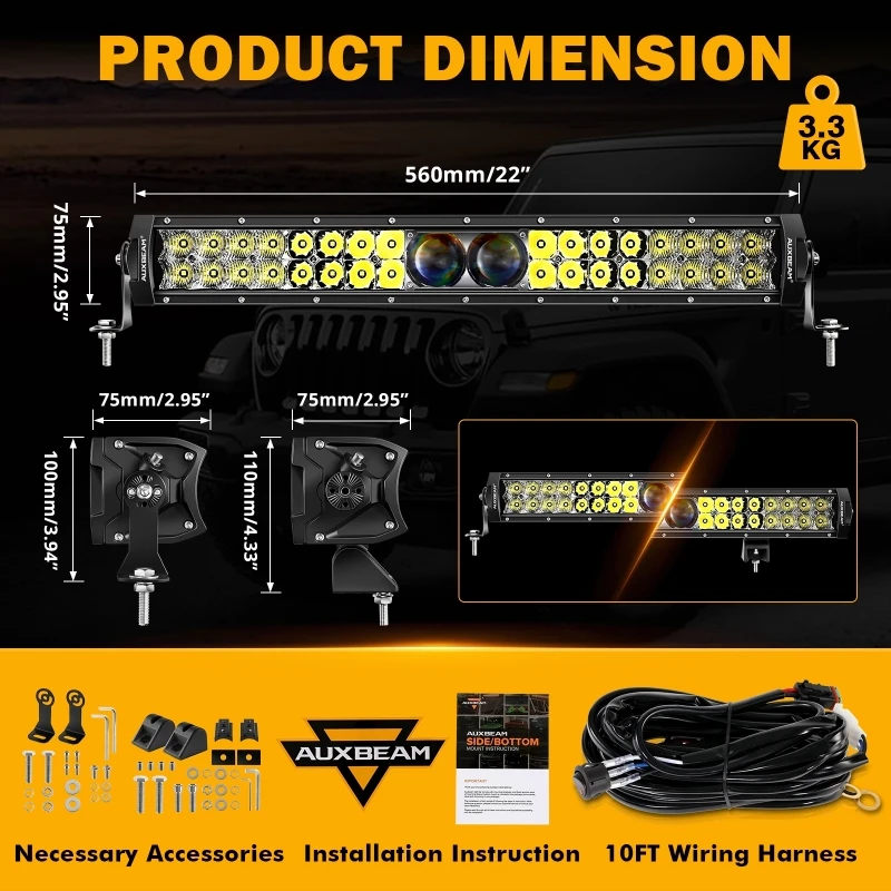 128W 22 Inch Dual Row LED Light Bar 6500K 15360LM Spot LED Lamp Work Light Bar with Harness kit 5D-PRO SERIES