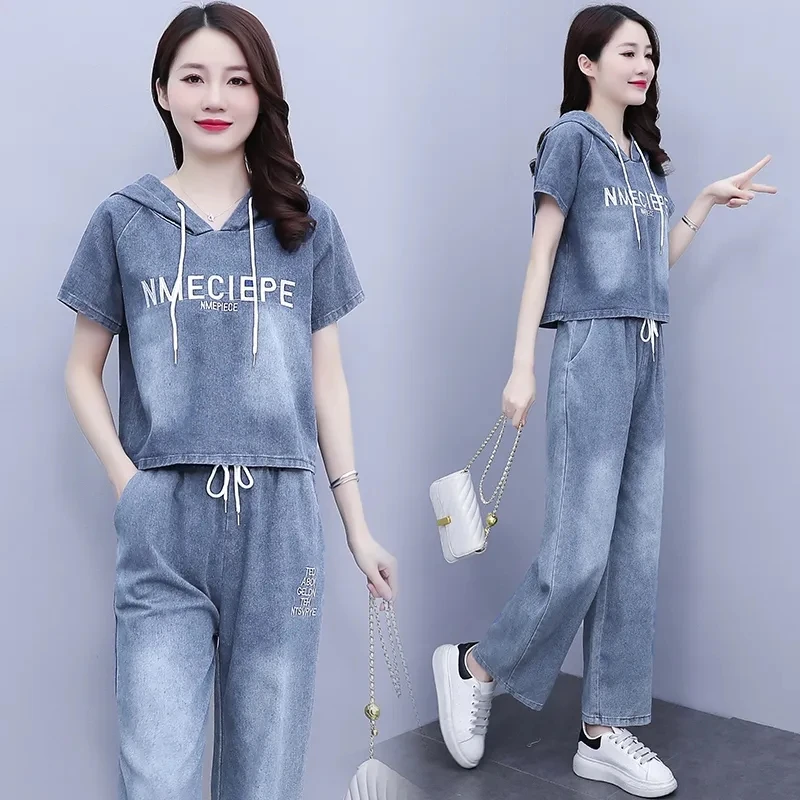 Summer Thin Jeans Set Women Fashion Short Sleeve Hooded Pullover Tops + Elastic Waist Wide Leg Pants 2PCS Female Denim Outfit