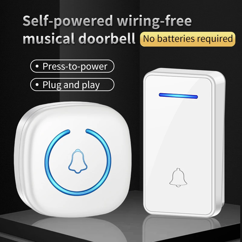 CACAZI No Battery Button Outdoor Welcome Home Self-Powered Wireless Doorbell Waterproof 150M Remote Receiver Call Ring US EU New