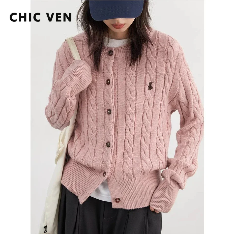 CHIC VEN Korean Women Cardigan Loose Solid Embroidery Twists Knitting Sweaters Round Neck Pullover Autumn Winter 2024