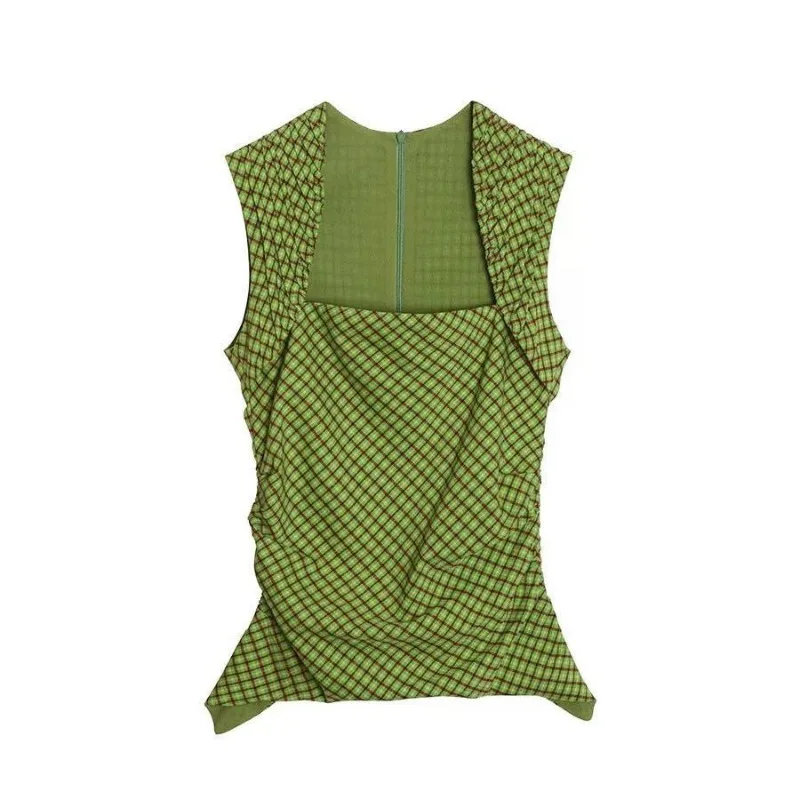

Retro Contrasting Plaid Irregular Hem Pinch Pleated Design Sense Slim and Thin Sleeveless Vest Top 2026 Summer Age Reduction