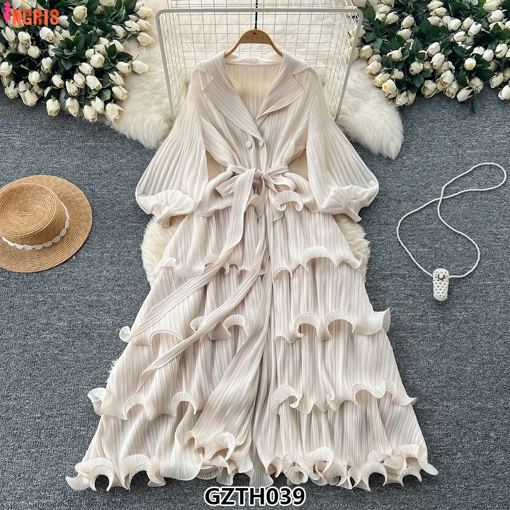 

2025 Spring Vintage Turn-down Collar Tunic Pleated Midi Dress For Women Lantern Sleeve Empire Ruffled Lace Dress-GZTH039