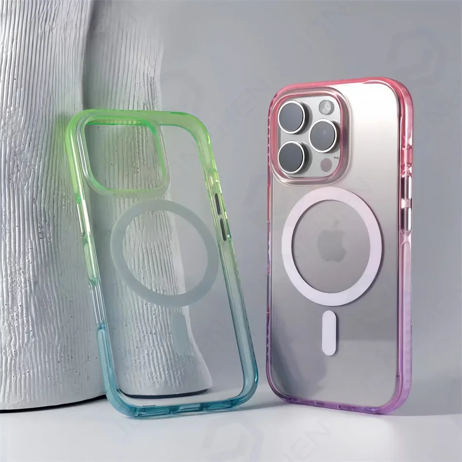 Dual Color Gradient Shockproof Bumper Magnetic Case Transparent For iPhone 16 15 14 13 Pro Max Wireless Charge Cover For Magsafe