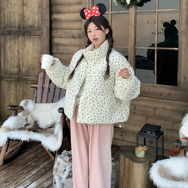 سترة شتوية سميكة قصيرة مبطنة بطبعة زهور، سطح مخملي، معطف دافئ على طراز الكلية الكورية، ملابس خارجية مبطنة بالقطن #3