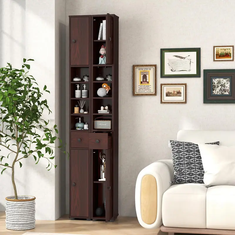 

Freestanding Slim Bathroom Cabinet with Drawer and Adjustable Shelves-Brown