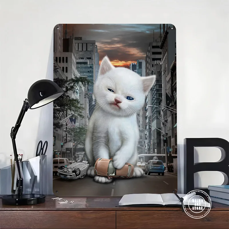 MEOW ATTACK 3D Printed Texture Poster Personalized Wall Art Retro Metal Tin Signs for Vintage Decor Room Luxury Decoration Home