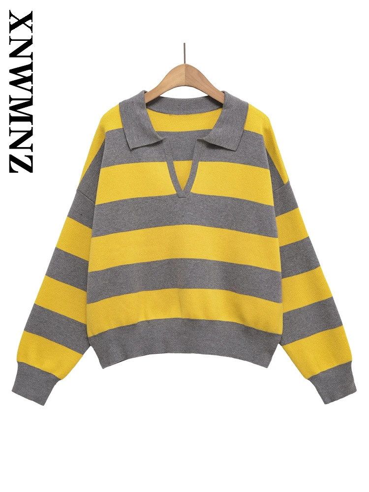 

XNWMNZ 2025 осенний женский модный повседневный вязаный свитер с длинными рукавами и отложным воротником, шикарная женская одежда, пуловер