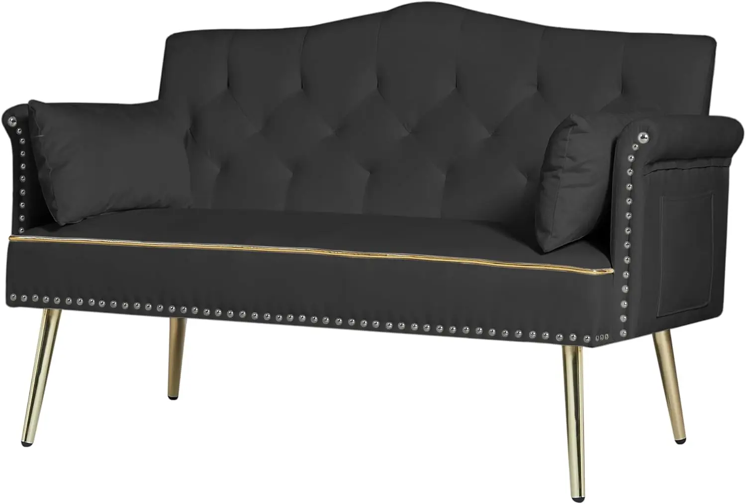 Sofá Loveseat de veludo com pernas e bolsos laterais de metal dourado, encosto capitoné, perfeito para sala de estar, quarto ou escritório (preto)