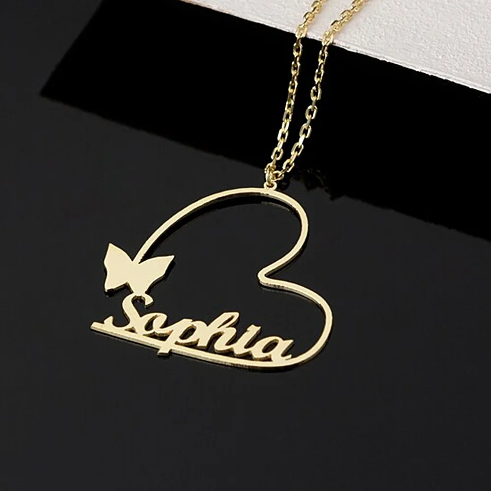 Personalised Heart Butterfly Pendant Choker Custom Name Necklace for Women Stainless Steel Jewelry Valentine\'s Day Gift for Wife