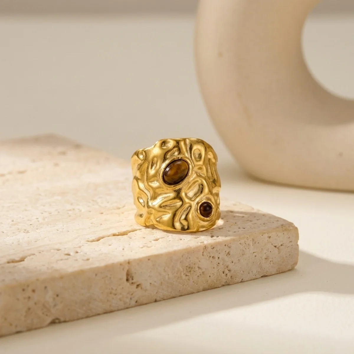 Retro-Ringe mit unregelmäßigem Lava- und Tigerauge-Stein für Damen und Herren, Edelstahl, geometrische Textur, Fingerring, ästhetischer Schmuck – Detail 26