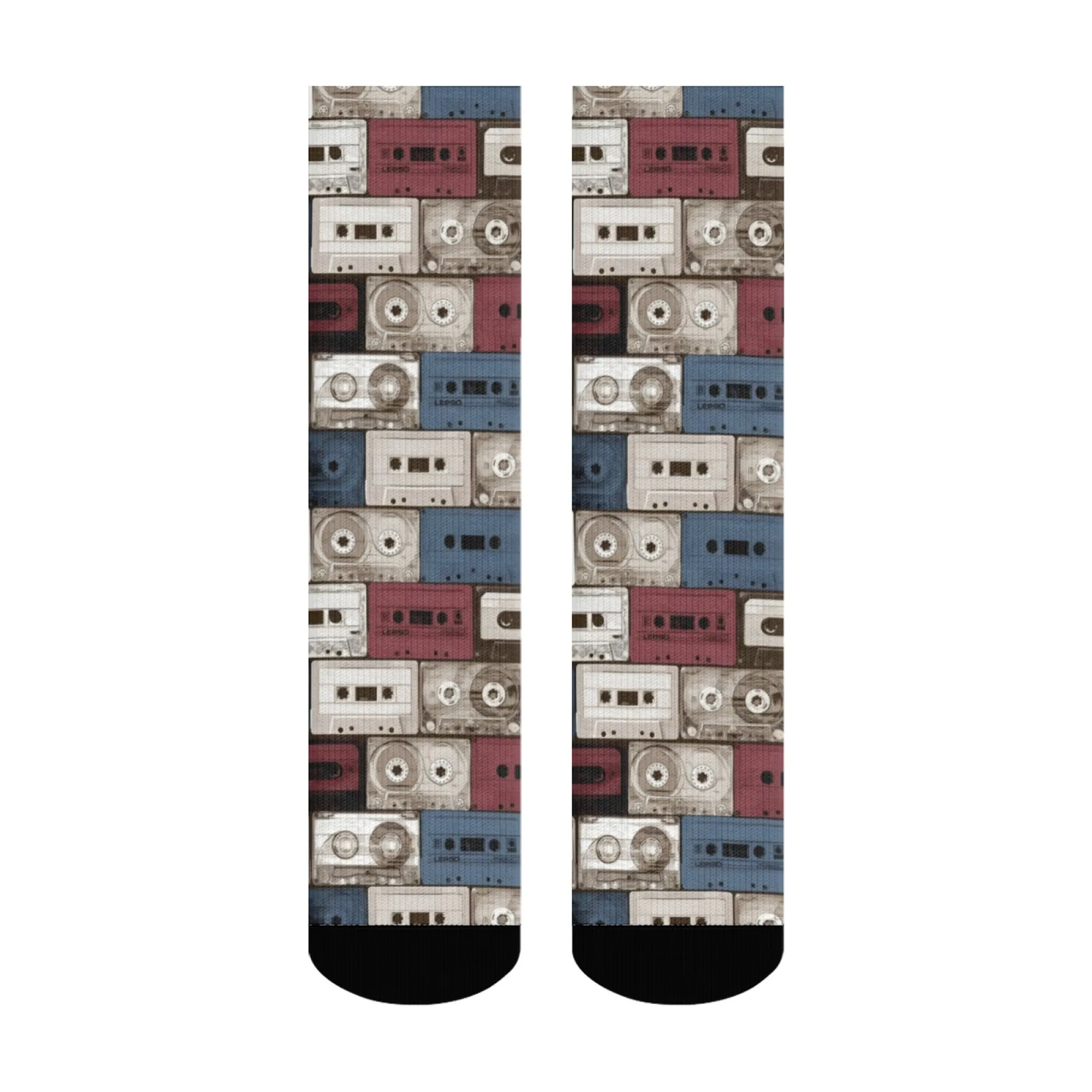 ถุงเท้าผู้ชายลายวินเทจ ดีไซน์เครื่องเล่นเทปคาสเซ็ต ไอเดียของขวัญสำหรับงานเทศกาลดนตรี ถุงเท้าข้อสั้นผ้าโพลีเอสเตอร์สไตล์เรโทร นุ่มและทนทาน