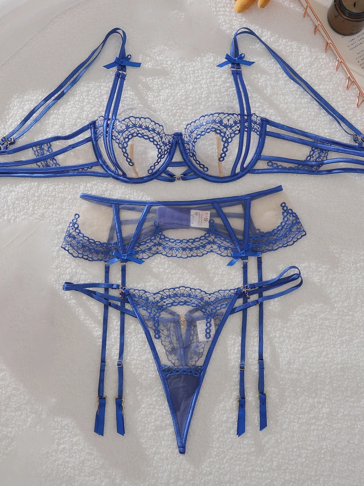 2025 Sexy Woman Underwear Premium Lingeries Sexy Hot Fantasy Bowknot Diamond Girl 3PCS Set Honey Embroidered Sheer Suit