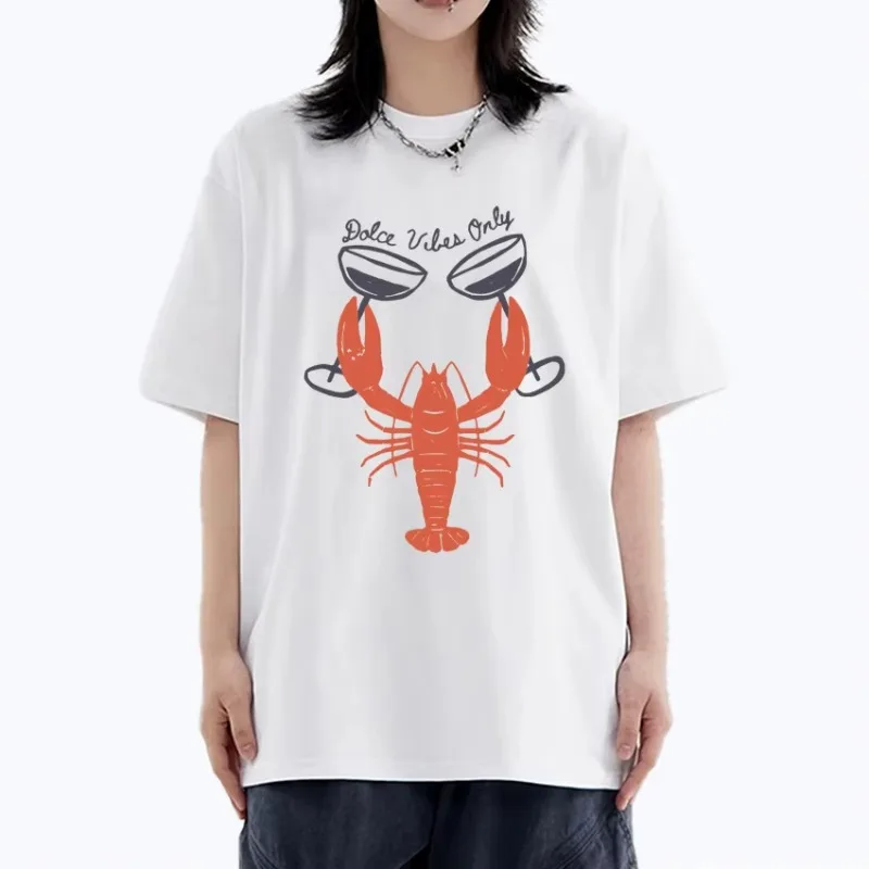 Hot Sale Lobster and Wine Glass Graphic Print Short Sleeve Tee Shirt Summer Top Women Oversized Unisex T-shirt