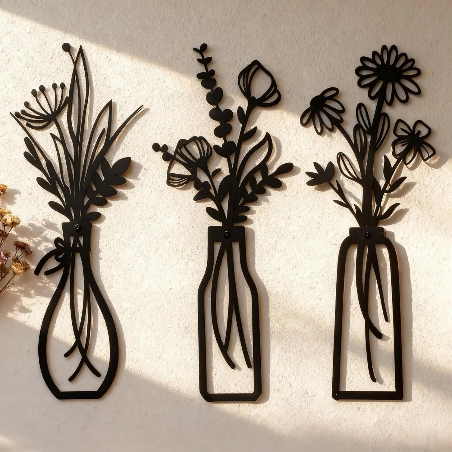 Set of 3 Black Metal Flower Wall Art, Modern Farmhouse Rustic Vase Wall Decor for Living Room Bathroom Kitchen Bedroom, Elegant