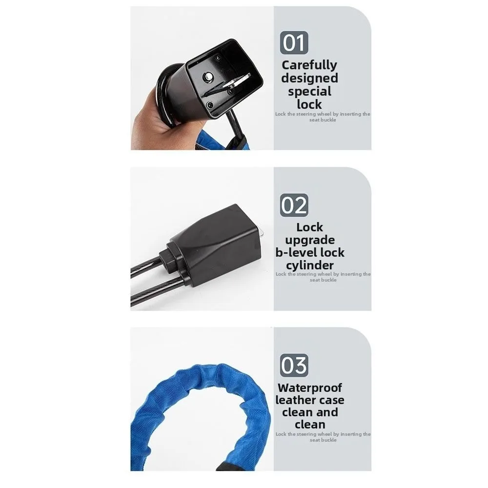 Sturdy Lock Car Steering Wheel Lock Bold Steel Cable Steel Rope Steering Wheel Lock with 2 Keys Security