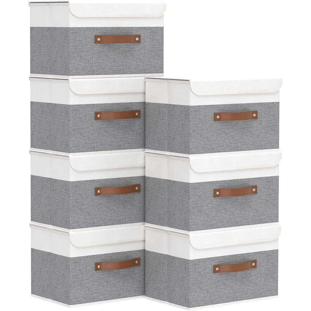 

Storage Boxes with Lids, Linen Fabric Bin, Cube Organizer Basket, Washable and Leather Handle, for Home, Closet, White/Grey, 15.