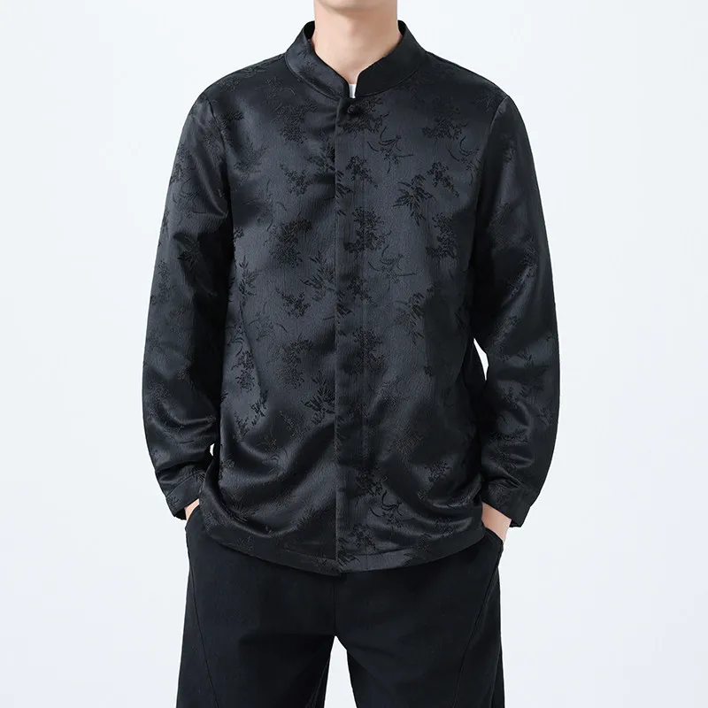 Women New Chinese Style Long Sleeve Shirt Mandarin Collar Jacquard Fabric Frog Button Closure Vintage Oriental Blouse