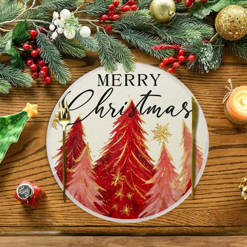 VIKAMA Cream Crimson Holiday Tree Round Placemat Red Pink Fir Gilded Star Merry Text Brushstroke Xmas Table Mat Premium Quality