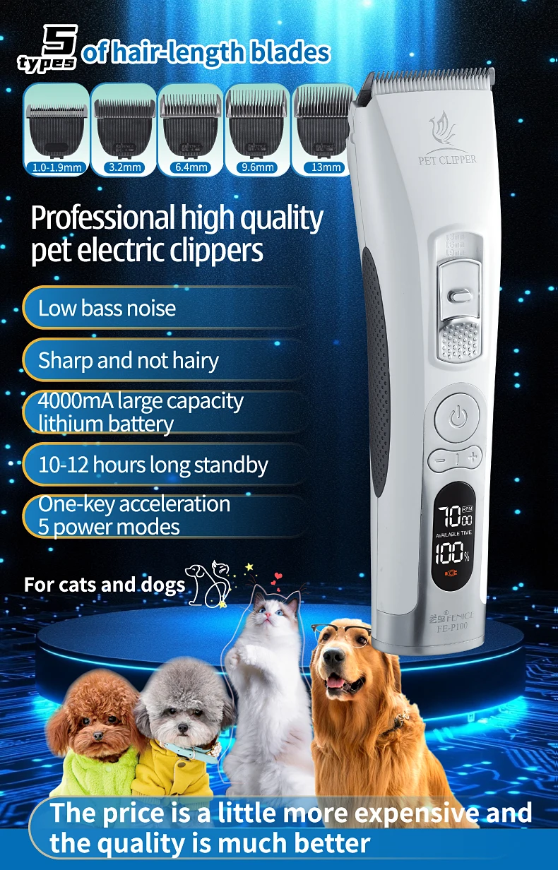 Fenice P100 Professioneller Haarschneider für Hunde und Katzen mit LCD-Bildschirm, 4000 mA, elektrischer Fellpflege-Trimmer und Klinge, wiederaufladbare Haarschneidemaschine – Detail 1