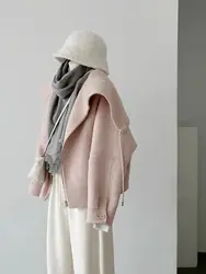 Autumn Short Pink Woolen Cape Coat Hooded Women Fashion Long Sleeve Loose Cardigan Female Winter Elegant Chic Streetwear