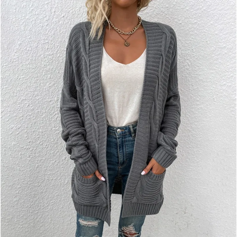 Autumn And Winter New Women's Knitted Twist Cardigan Sweater Medium And Long Twisted Rope Cardigan Jacket