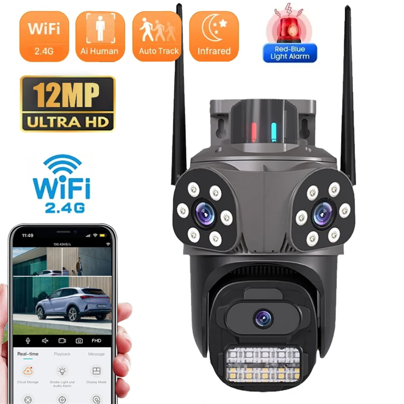 

12-мегапиксельная камера с тремя объективами и тремя экранами PTZ Wi-Fi, уличная HD 2,4G Wi-Fi камера безопасности, Ai, камера обнаружения человека, домашняя камера наблюдения