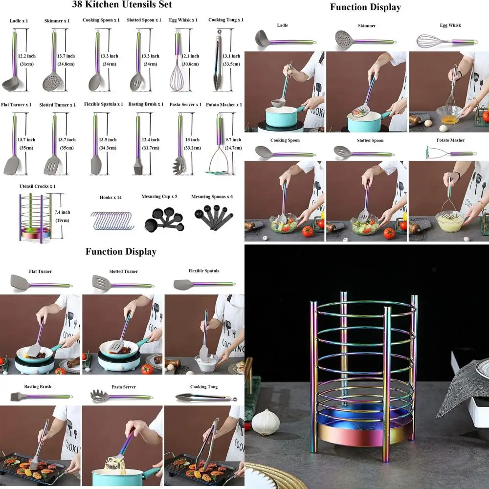 

Rainbow 38-Piece Silicone Kitchen Utensil Set with Crock, Stainless Steel Handles, Non-Stick Cookware Tools, Dishwasher Safe