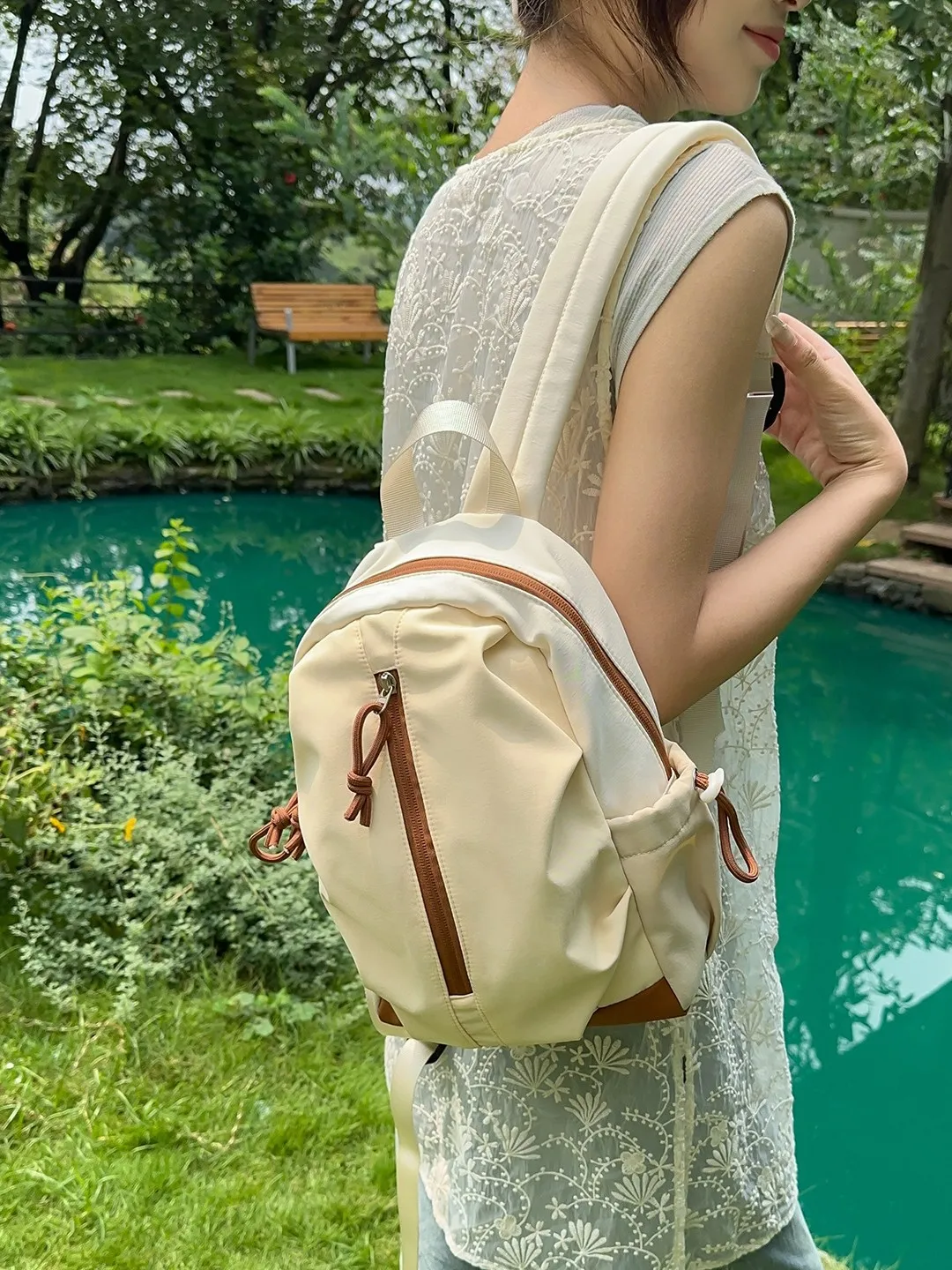 Japanese Soft Solid Spliced Backpack Dark Khaki Beige White Green Cream Multi Colors Soft Fabric Travel Versatile Daily Bag