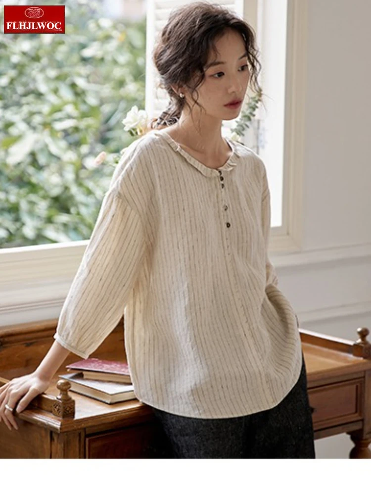 Chanvre coton mélanges hauts Blouses nouveau Mori filles femmes été mince confortable décontracté rayé chemises volants rétro Vintage haut