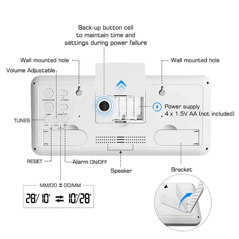 Relógio de parede digital a pilhas, Grande tela LCD, 2 configurações de alarme, Volume ajustável