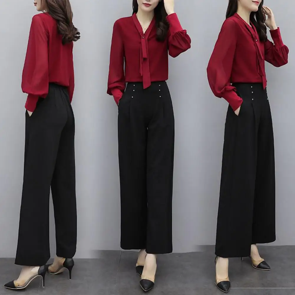 Women Shirt Pants Set Elegant V Neck Lace Up Long Sleeve Shirt Shirt Pants Set High Waist Wide Leg Pants Set Office Ladies Suit