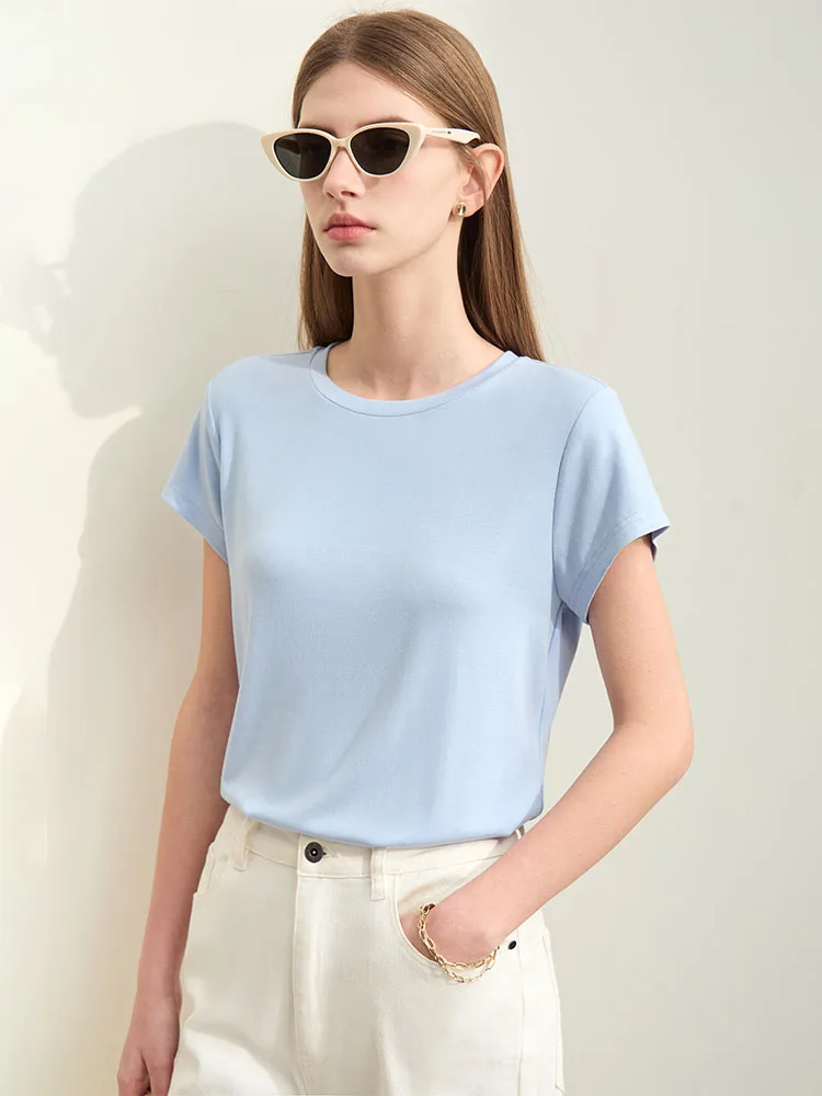 Amii Minimalism 2024 Summer New Slim T-shirts Solid Round Neck Short Sleeve Pullover Knit Blend Basics Tees For Women 12422073