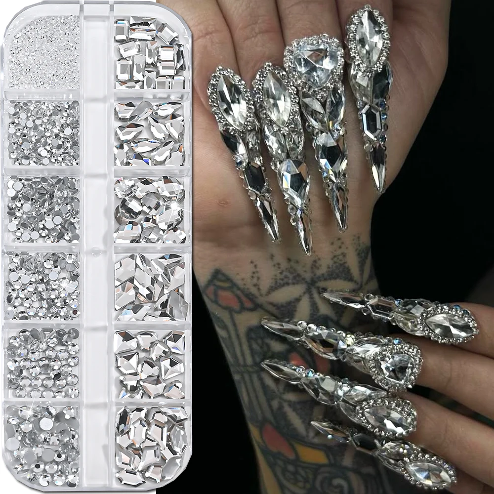 12grids 3D Luxury Transparent Glass Nail Rhinestones Clear Waterdrop/Heart/Round Flatback Crystals Gems Nail Diamond Nail Jewelr