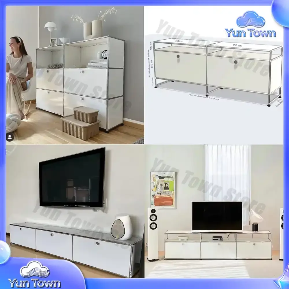White Modular Stainless Steel TV Cabinet Multifunctional Household Living Room Furniture with Book Storage