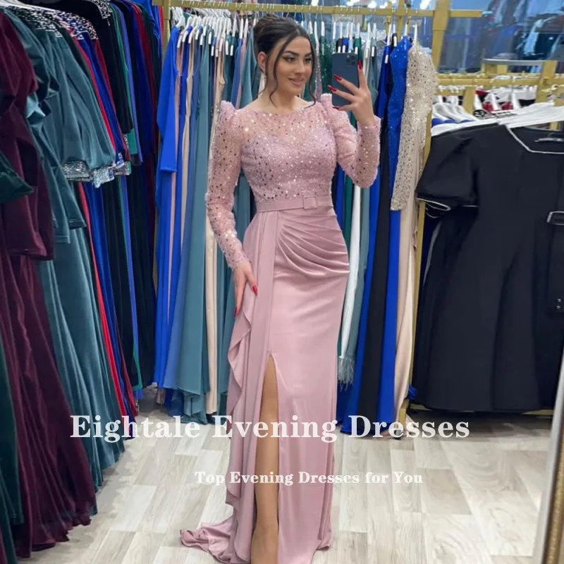 Eightale Dusty Pink Evening Dresses O-Neck Long Sleeves Belt Mermaid Prom Wedding Party Gowns Customized Arabic Robe De Doirée