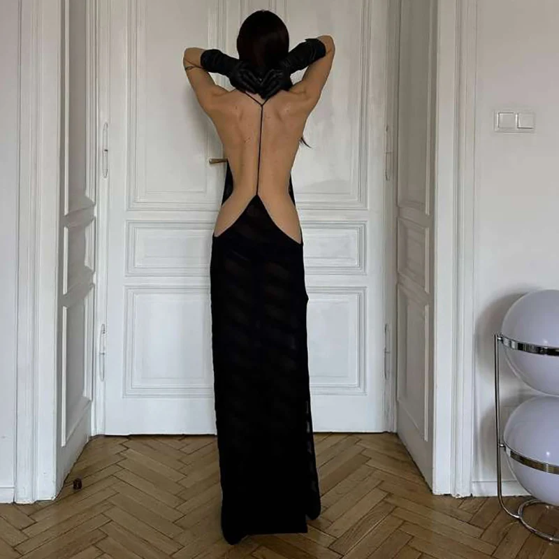 Sexy Zwart Gestreepte See Through Maxi Jurk Verjaardag Vrouwen Avond Celebrity Backless Side Split Nachtclub Prom Party Lange Jurken