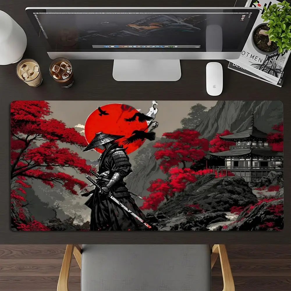 Large Mousepad Red Sun Samurai Mousepads Keyboard Mat Deskpad Pc Game Desk Mats Japanese Style Mouse Mats For Desktop