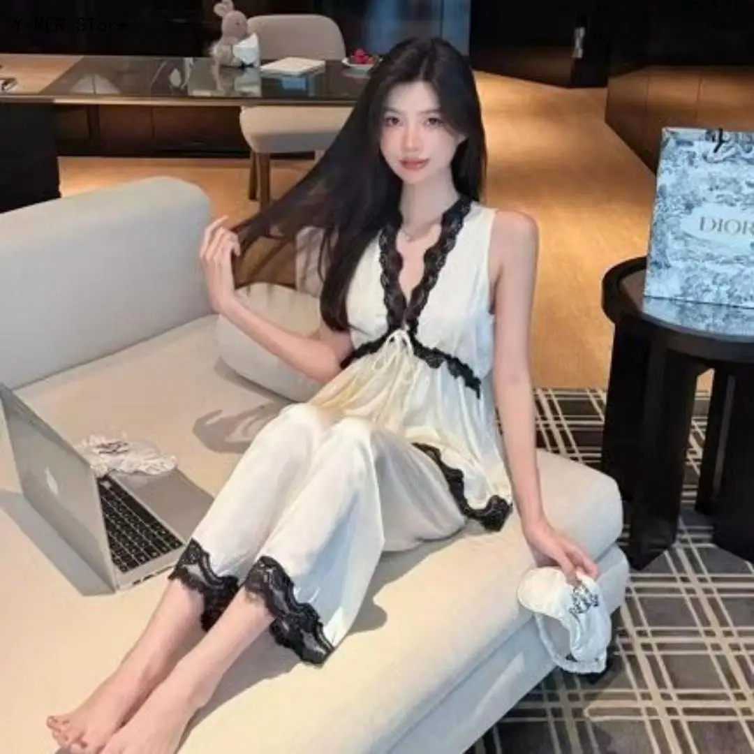 Women French Lace Spliced 2 Piece Pajamas Summer Cool Ice Silk Loungewear Built-In Bra Cami Top & Shorts Comfort Home Sleepwear